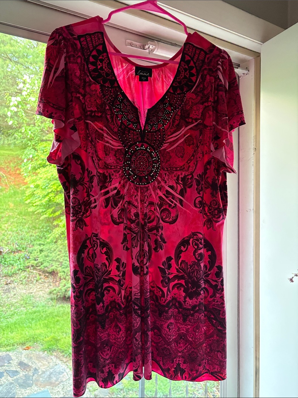 Cato Pink and Black Beaded V-Neck Tunic 2X